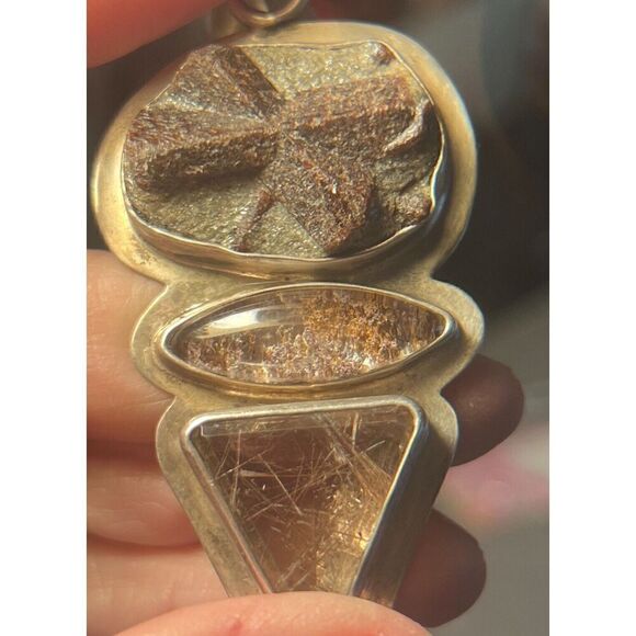 Staurolite Matrix Purple Garden Quartz Rutilated Quartz Silver Pendant with Bale - Picture 11 of 12